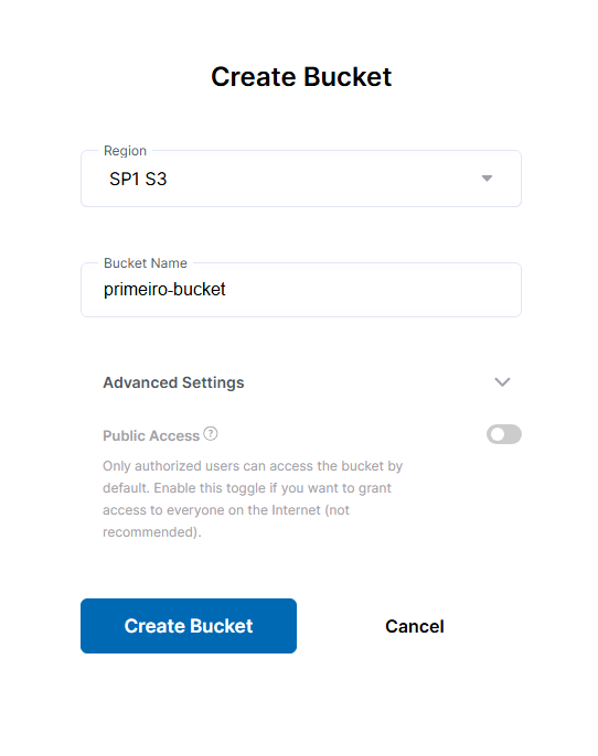 Tela de criação de Bucket do Storin