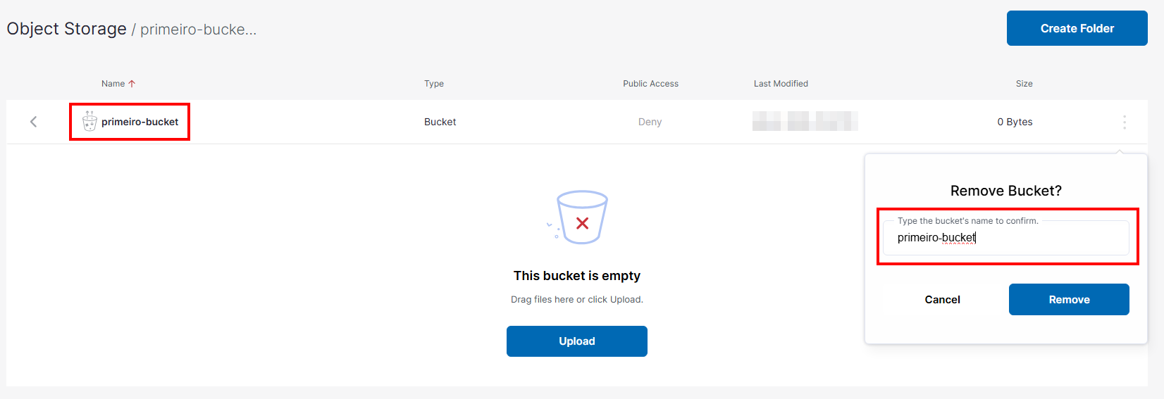 Confirmar nome para excluir Bucket do Storin
