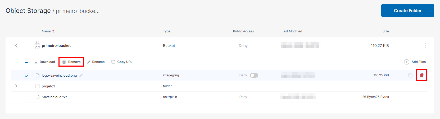 Tela Bucket excluir objeto do Storin