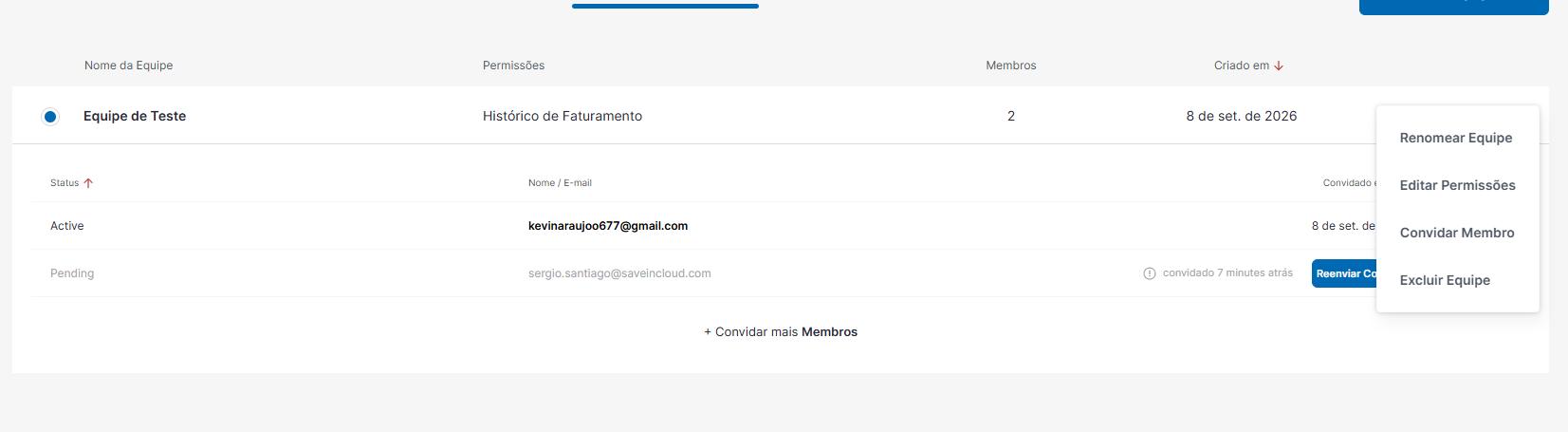 Opções de gerenciamento de uma equipe
