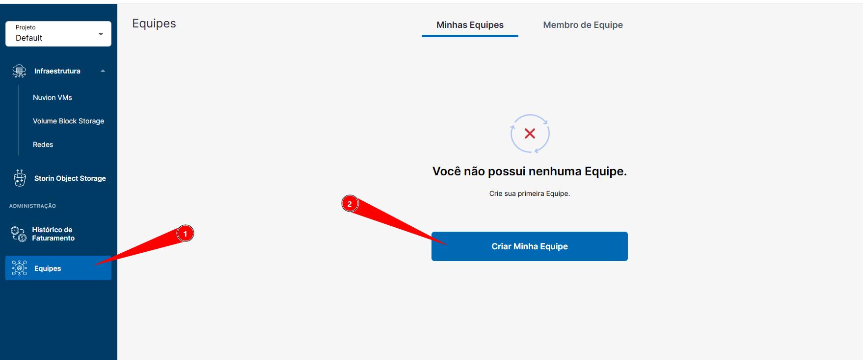 Acessando a área de Equipes e criando uma nova equipe