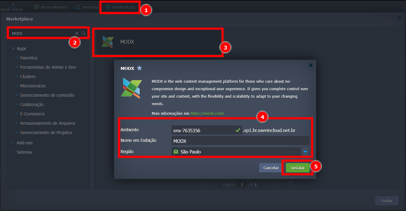 Instalação MODX via marketplace