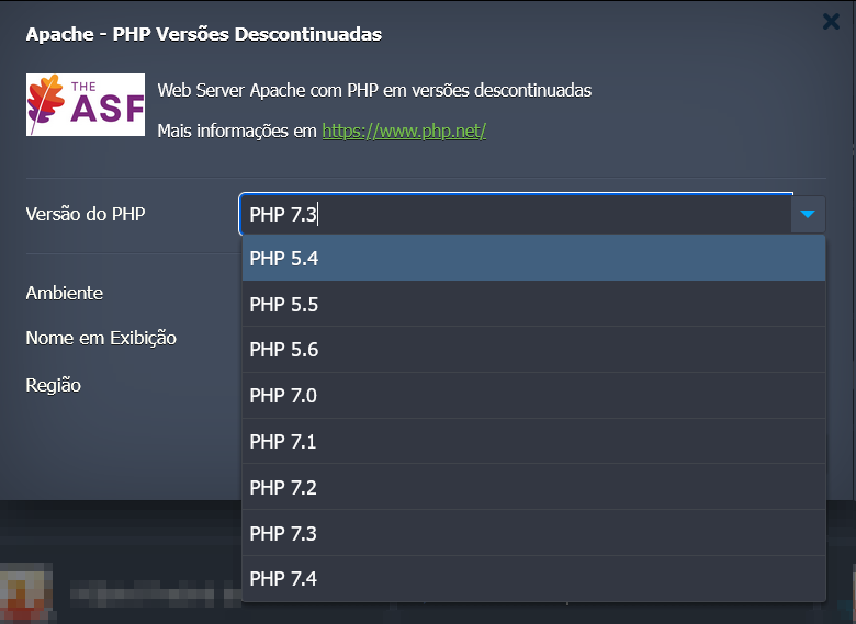 Versões PHP disponíveis para provisionamento