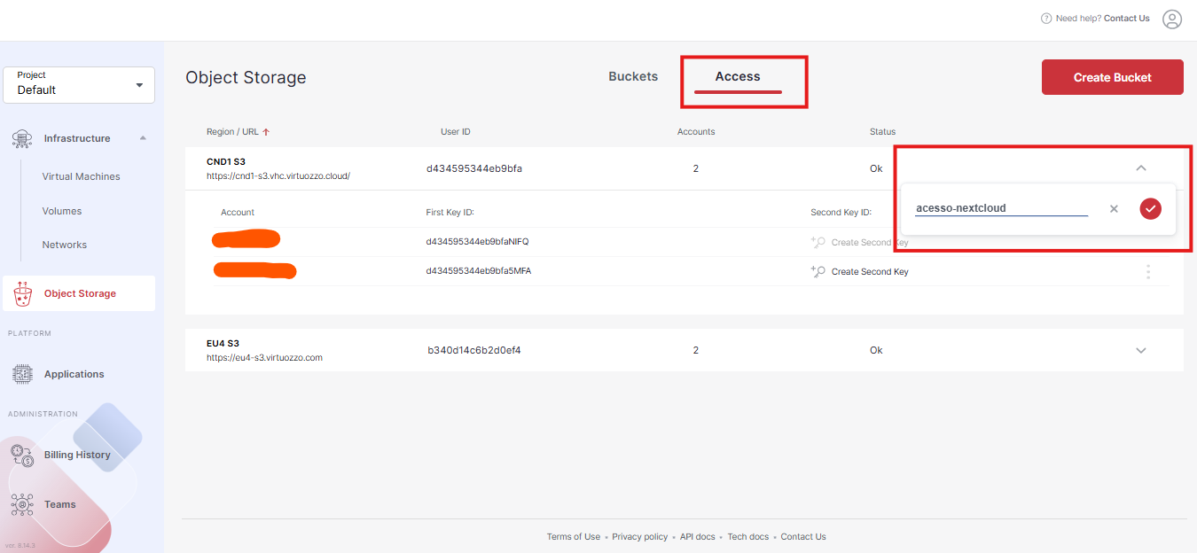 Menu Criação da Access Key