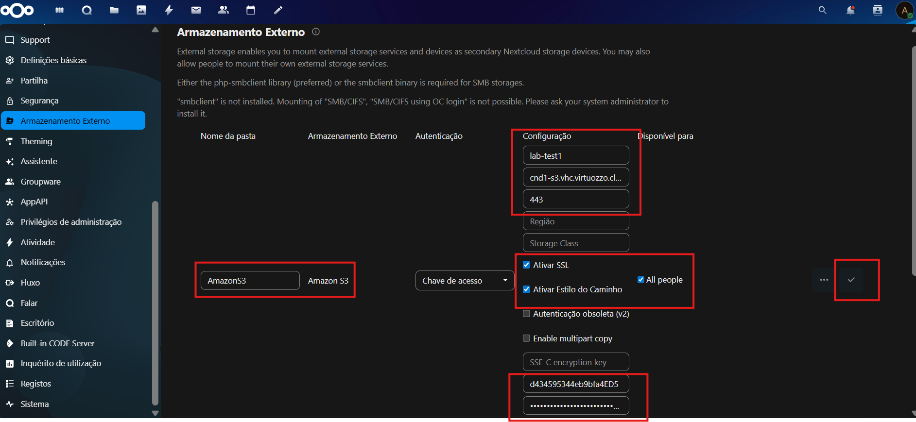 Menu ADD S3 no NextCloud