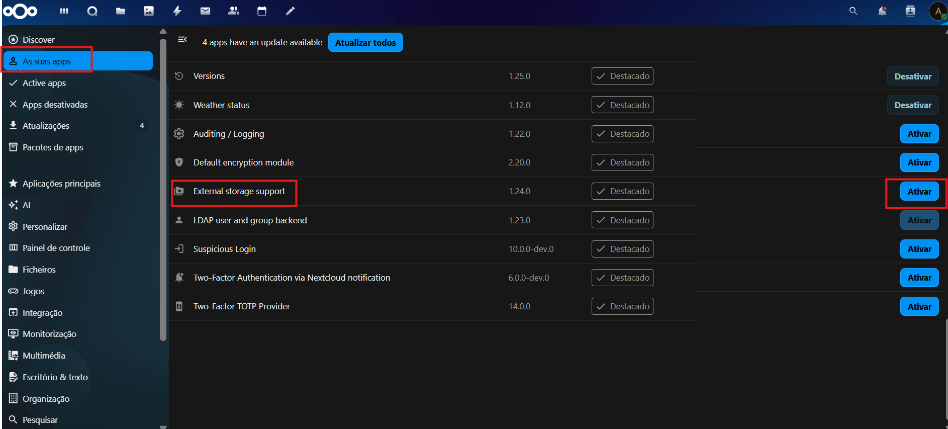 Menu APP no NextCloud
