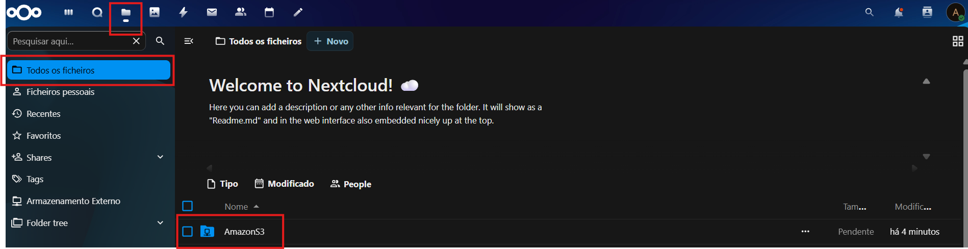 Menu Arquivos no NextCloud