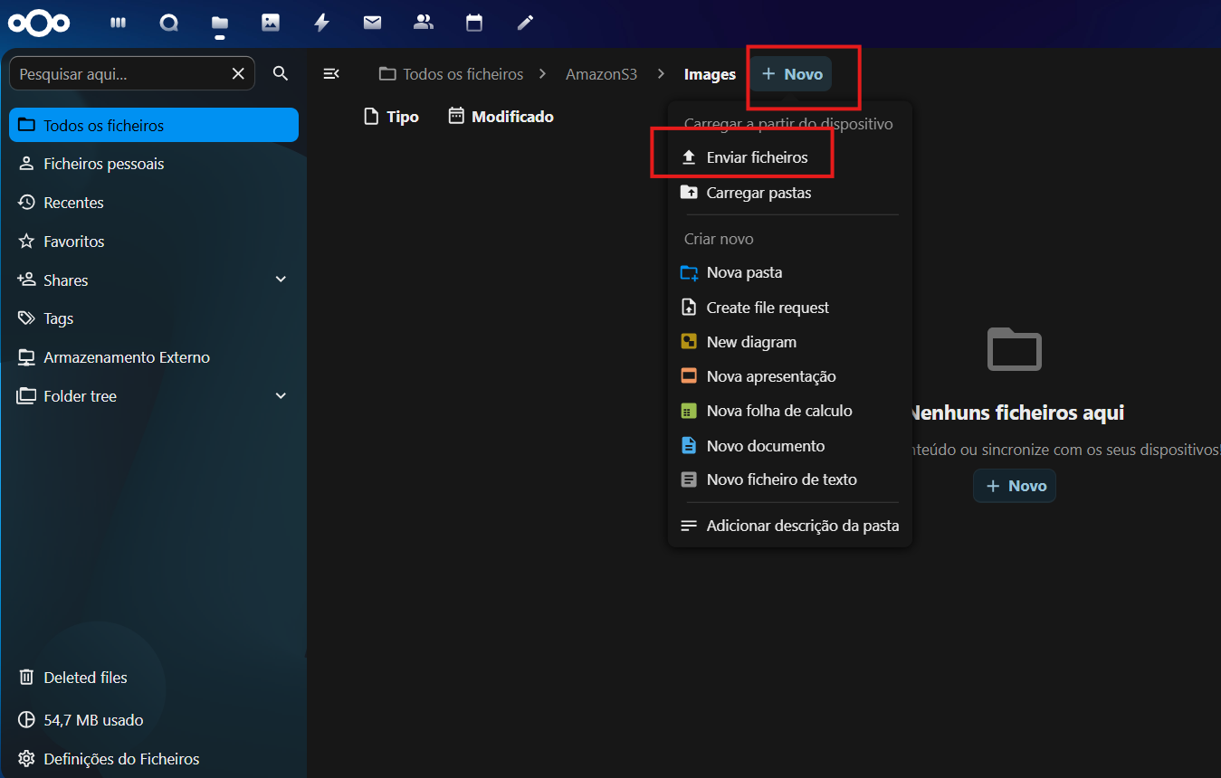 Menu Upload arquivo S3