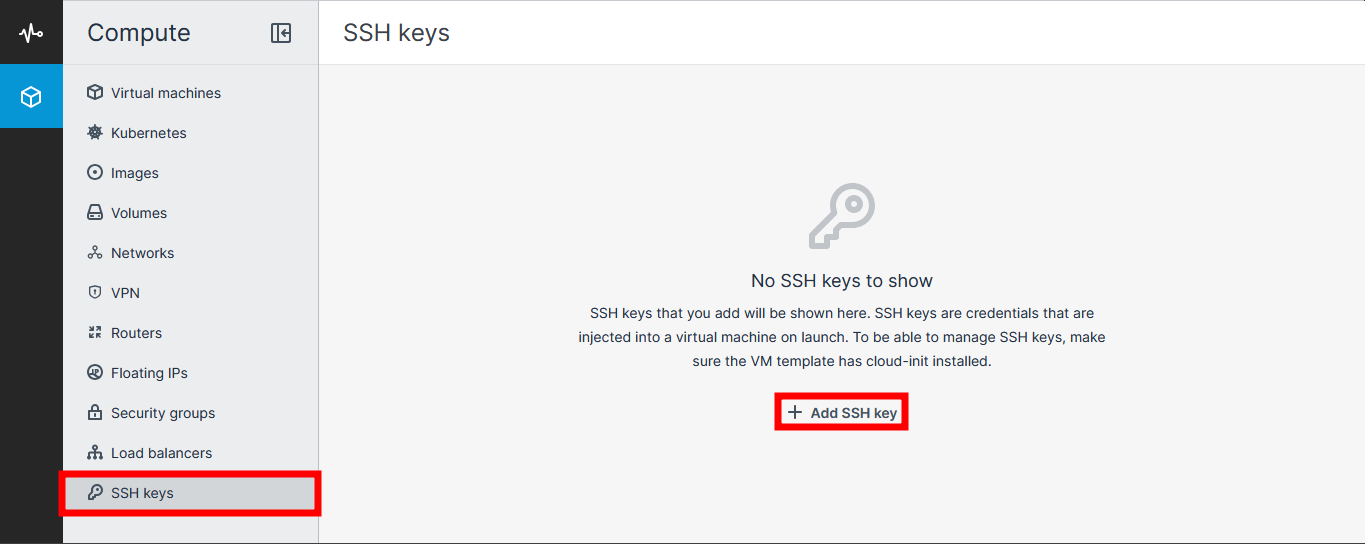Tela da plataforma Nuvion com o menu SSH Keys e botão Add SSH Key
