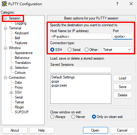 Tela de configuração de sessão no PuTTY com campos de IP, porta e tipo de conexão SSH