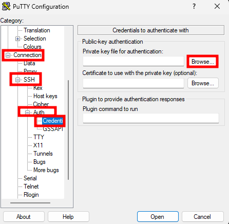 Tela de configuração de autenticação no PuTTY com campo para chave privada e botão Browse