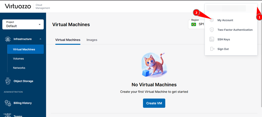 Tela de acesso ao menu My Account com opção OpenStack Credentials na plataforma Nuvion