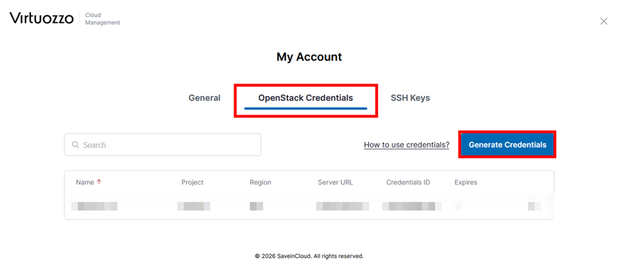 Botão Generate Credentials na tela de OpenStack Credentials