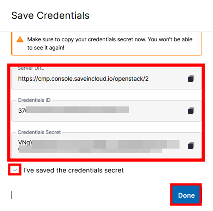 Tela com os dados gerados: Server URL, Credentials ID e Credentials Secret
