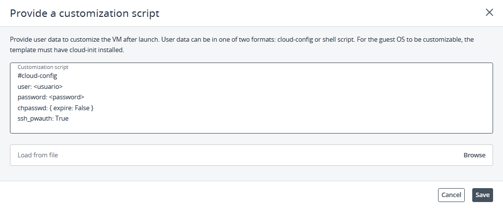 Campo de user data com exemplo de cloud-config na criação da VM