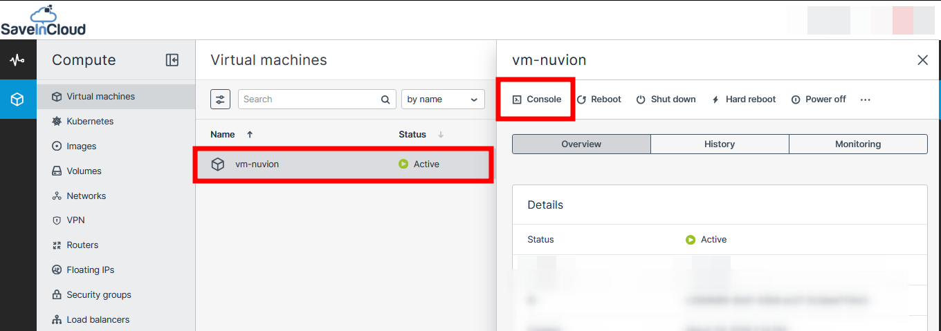Tela de detalhes da VM na plataforma Nuvion com destaque para o botão Console