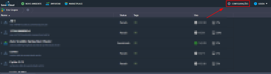 Acesso às Configurações no painel da SaveInCloud