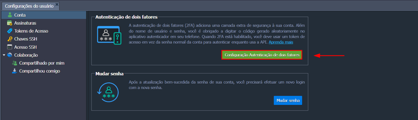 Seção de Autenticação de dois fatores na aba Conta