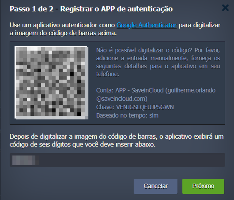 Registro do aplicativo de autenticação via QR Code