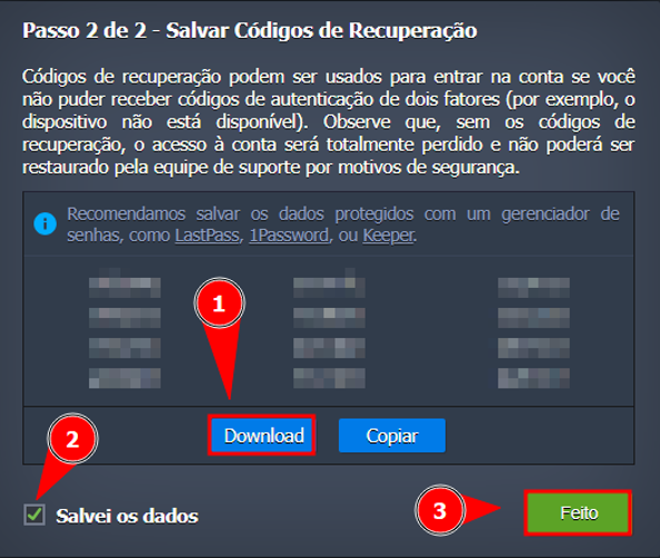 Download dos códigos de recuperação